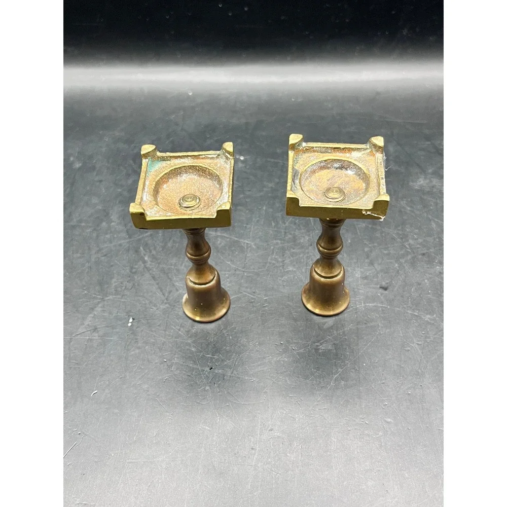 Pair Candlestick Holders Mini‎ Brass Square Base 2.75